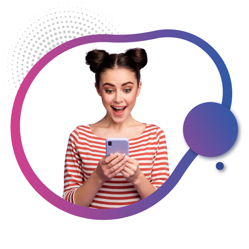 Excited woman looking at smartphone for mobile deals announcement.