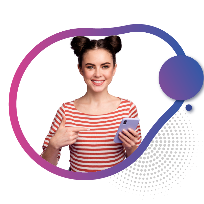 Woman pointing at smartphone screen showing mobile app features.