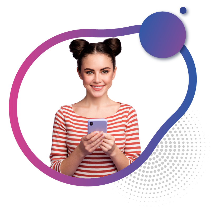 Smiling woman holding smartphone for easy mobile service.