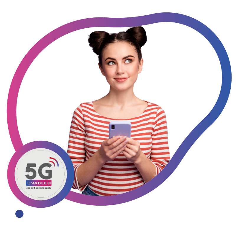 Woman holding 5G phone thinking about connectivity.